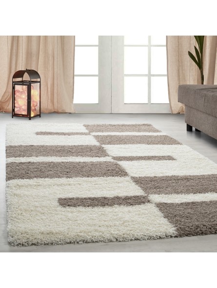 High-pile, shaggy, long-pile rug, checked pattern, 30 mm pile height, beige - cream