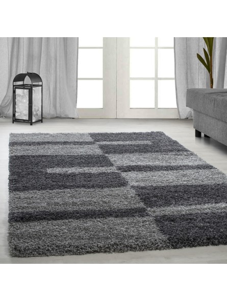 High pile shaggy long pile rug check pattern 30 mm pile height gray light grey