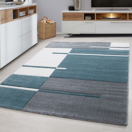 Designer rug modern checkered lines pattern contour cut gray white blue