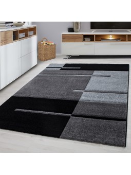 Designer carpet modern checkered lines pattern contour cut black grey