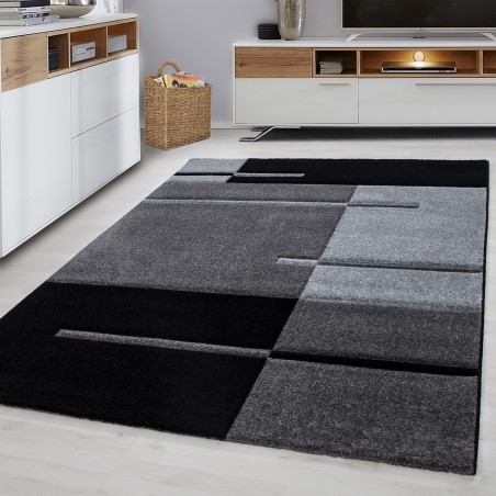 Designer tapijt modern geruit lijnenpatroon contour gesneden zwart grijs