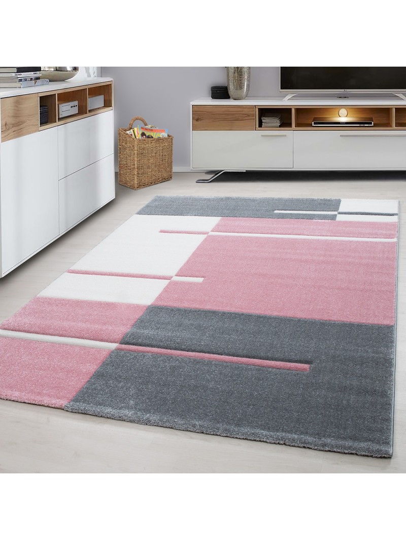 Designer carpet modern checkered lines pattern contour cut gray white pink