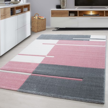 Designer Teppich Modern Kariert Linien Muster Konturenschnitt Grau Weiß Pink