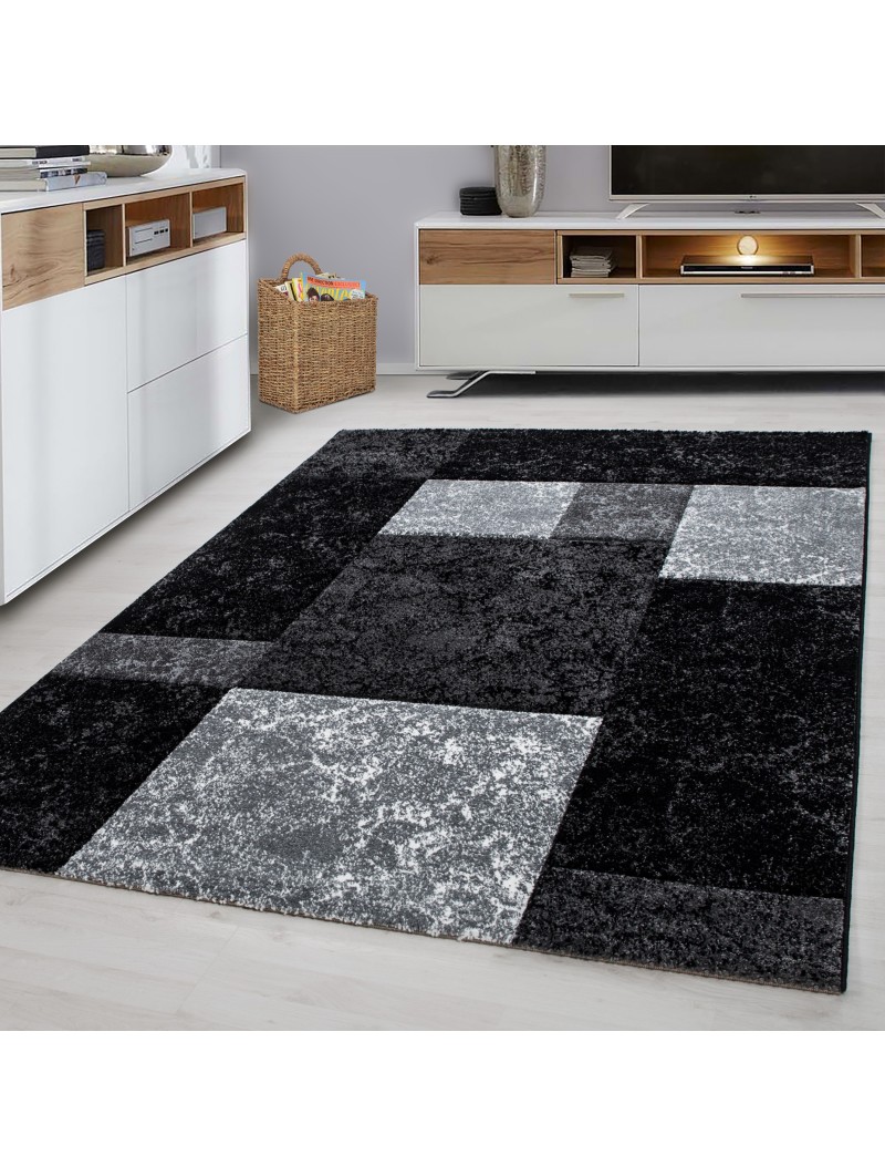 Designer tapijt modern geruit patroon gevlekt contour gesneden zwart grijs wit