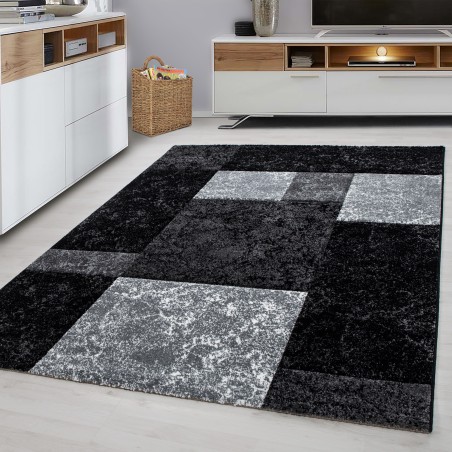 Designer carpet modern checkered pattern mottled contour cut black gray white