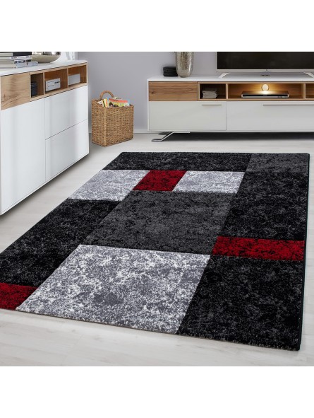 Designer carpet modern checkered pattern mottled contour cut black gray red