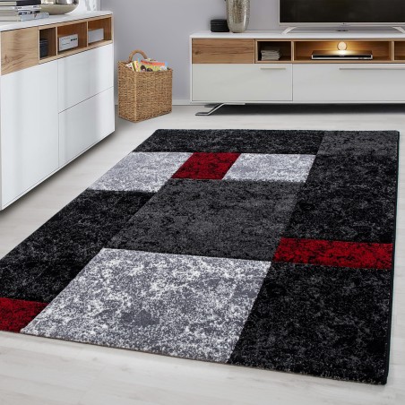 Designer carpet modern checkered pattern mottled contour cut black gray red