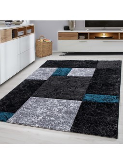 Designer carpet modern checkered pattern contour cut black gray turquoise