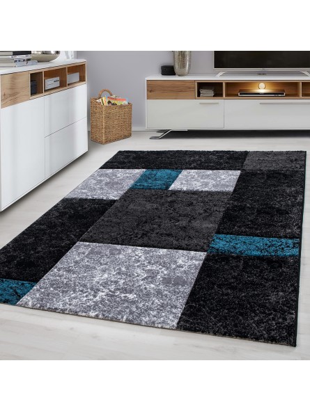 Designer tapijt modern geruit patroon contour gesneden zwart grijs turkoois