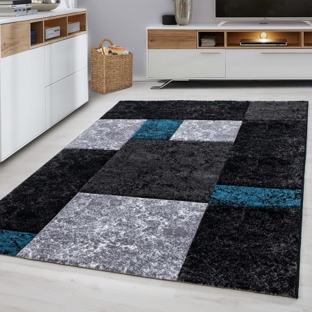 Designer tapijt modern geruit patroon contour gesneden zwart grijs turkoois
