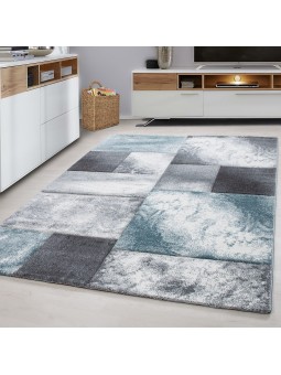 Designer Rug Abstract Checkered Pattern Contour Cut Gray White Blue