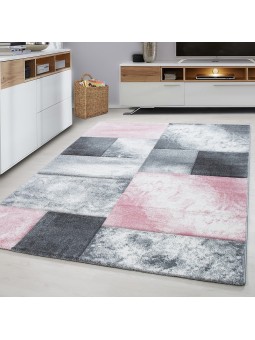 Designer vloerkleed abstract geruit patroon contour gesneden grijs wit roze
