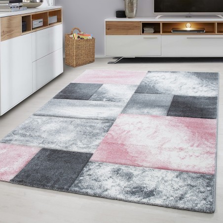 Designer Rug Abstract Checkered Pattern Contour Cut Gray White Pink