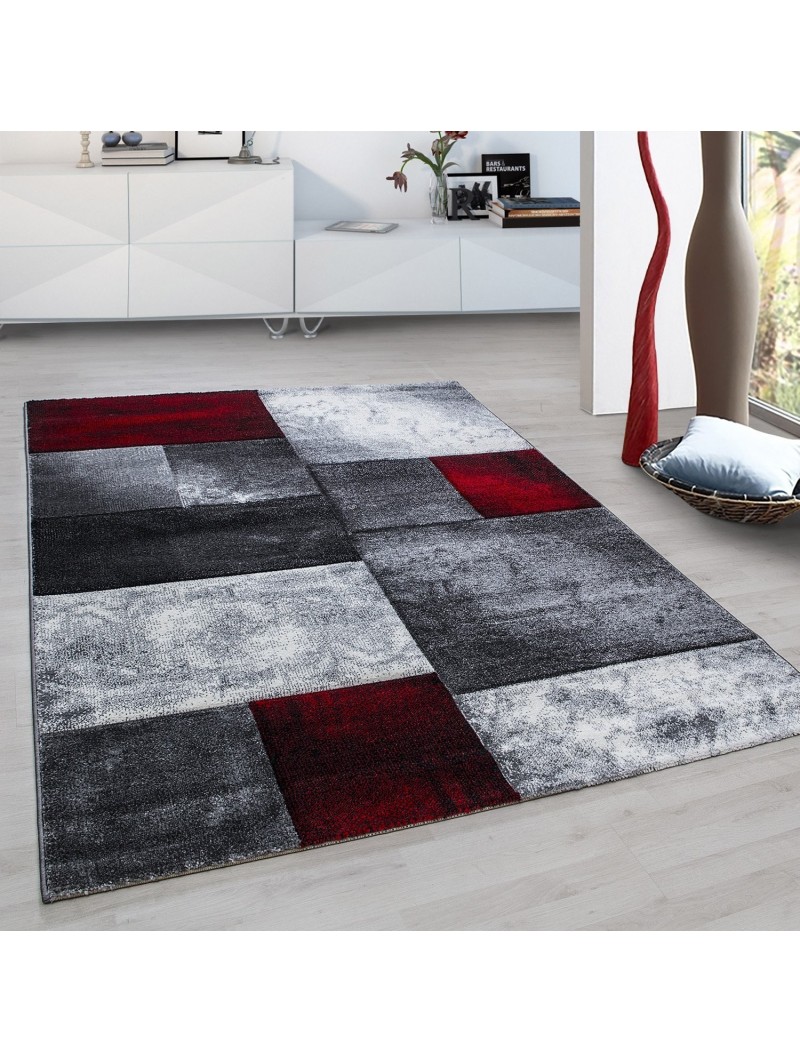 Designer tapijt modern geruit patroon contour gesneden zwart grijs rood