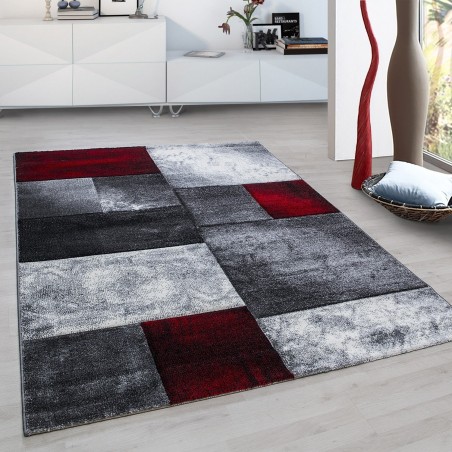 Designer tapijt modern geruit patroon contour gesneden zwart grijs rood