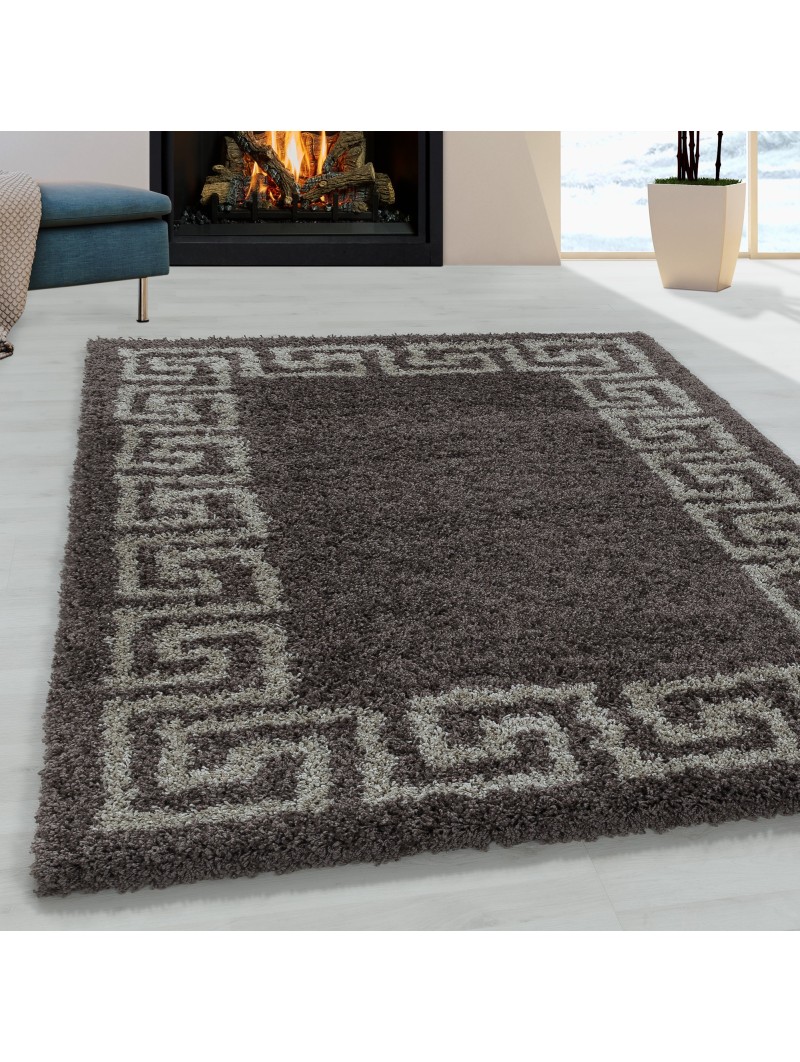 Woonkamer tapijt ontwerp hoogpolig tapijt patroon antiek rand kleur taupe