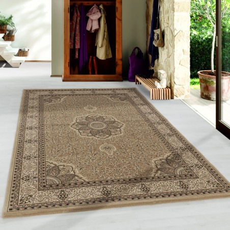Tappeto da soggiorno, pelo corto, tappeto orientale di design, bordo ornamentale classico, beige