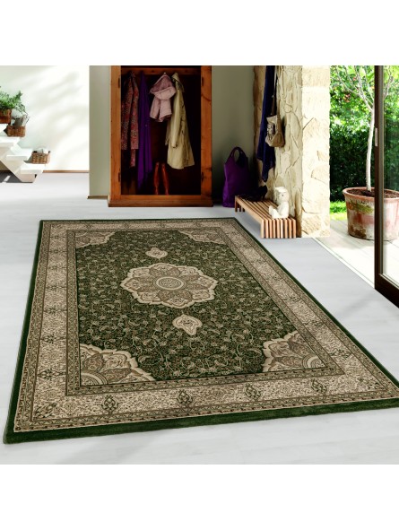 Tappeto da soggiorno, pelo corto, tappeto orientale design, ornamenti classici, bordo, verde