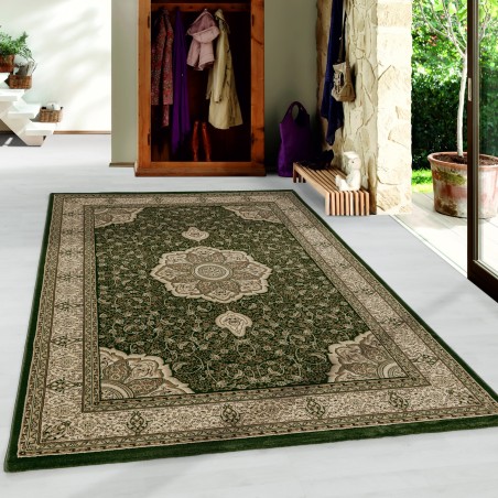Living room rug, short pile, design oriental rug, classic ornaments, border, green