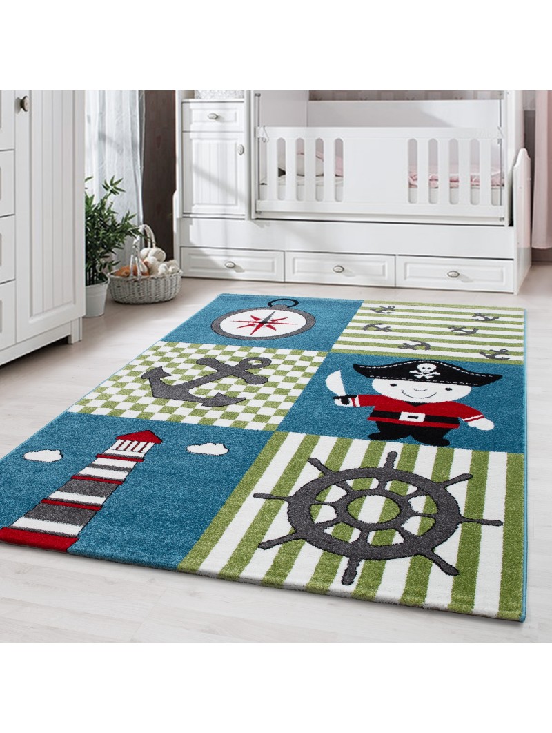 Children's carpet, children's room, pirate pattern, low-pile, easy-care, blue, green, and white