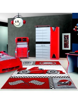 Kinderteppich Kinderzimmer Rennwagen Formel 1 Muster Rot Grau Weiß Schwarz