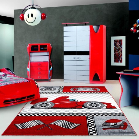 Tapis enfant chambre d'enfant voiture de course formule 1 motif rouge gris blanc noir