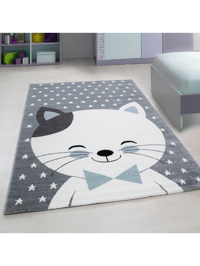 Tapis pour enfants tapis de chambre d'enfant chat motif étoile gris-blanc-bleu
