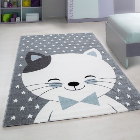 Kinderteppich Kinderzimmer Teppich Katze Sternmotiv Grau-Weiß-Blau