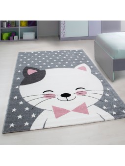 Tappeto per bambini, tappeto per camerette, gatto, motivo a stella, grigio-bianco-rosa
