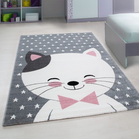 Kinderteppich Kinderzimmer Teppich Katze Sternmotiv Grau-Weiß-Pink