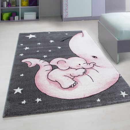 Tappeto per bambini Tappeto per cameretta simpatico elefantino stella grigio-bianco-rosa