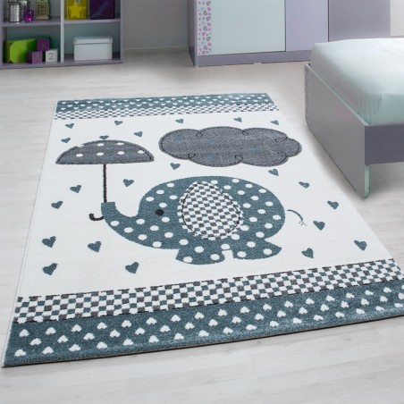 Kinderteppich Kinderzimmer Teppich Elefant Herzregen Grau-Weiß-Blau