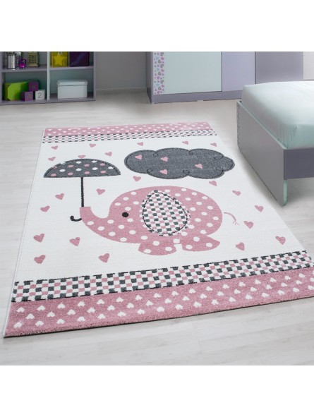 Kinderteppich Kinderzimmer Teppich Elefant Herzregen Grau-Weiß-Pink
