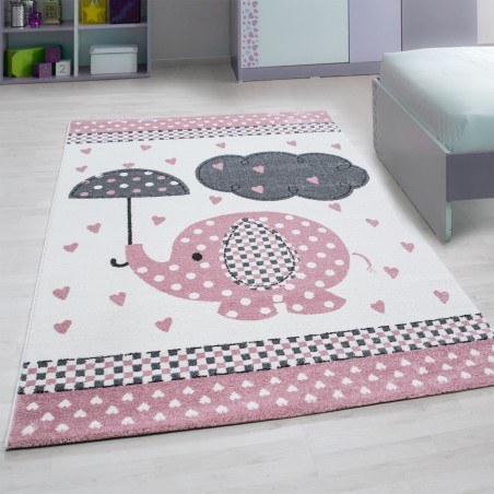 Tapis pour enfants tapis de chambre d'enfant coeur d'éléphant pluie gris-blanc-rose