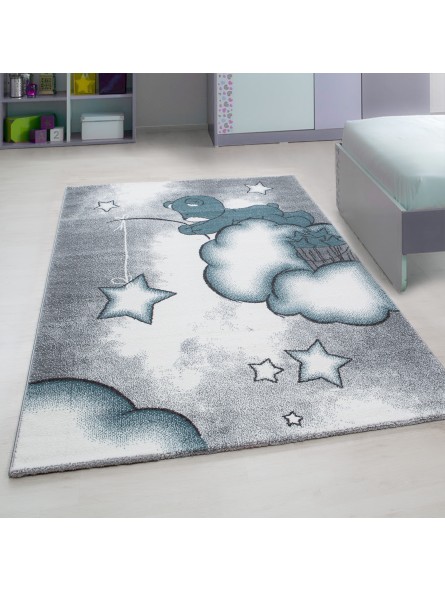 Children's carpet, children's room carpet, bear, clouds, star-fishing, grey-white-blue