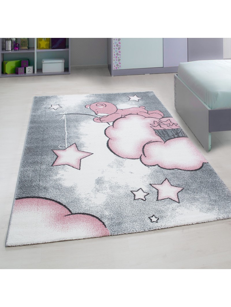 Tappeto per bambini Tappeto per camerette orso nuvole stella pesca grigio-bianco-rosa
