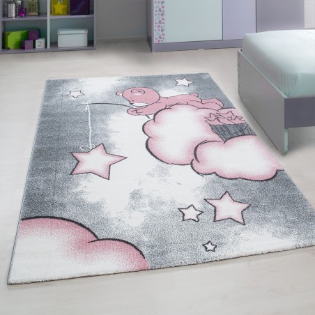 Tapis pour enfants tapis de chambre d'enfant ours nuages étoile de pêche gris-blanc-rose