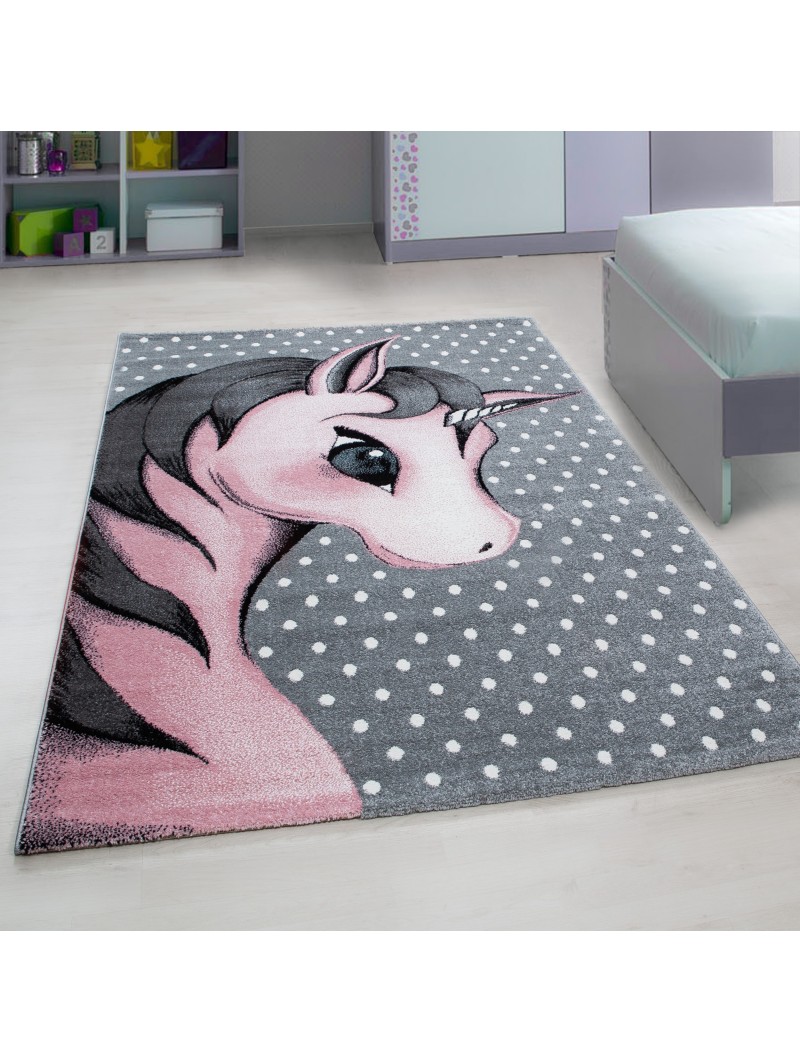 Tapis enfant tapis chambre d'enfant motif licorne gris-blanc-rose