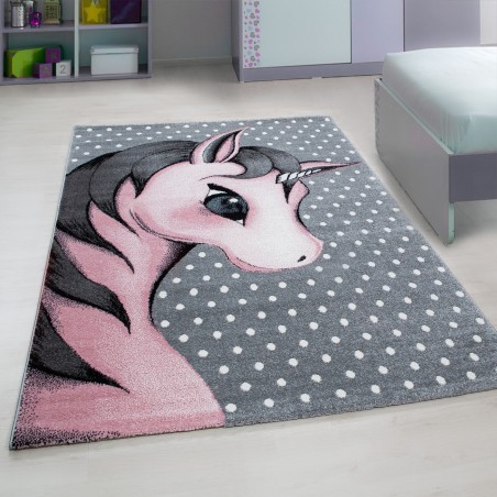 Kinderteppich Kinderzimmer Teppich Einhorn Muster Grau-Weiß-Pink