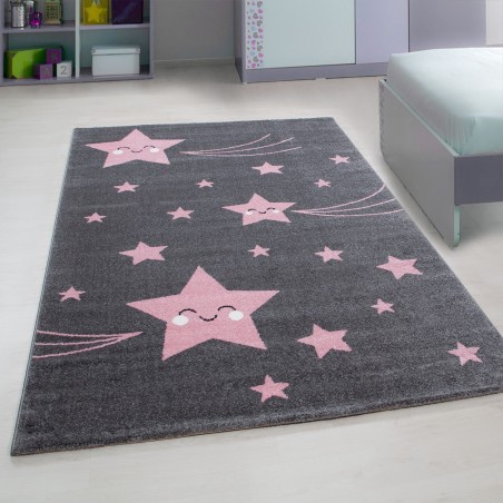 Kinderteppich Kinderzimmer Teppich Sterne Muster Grau-Pink