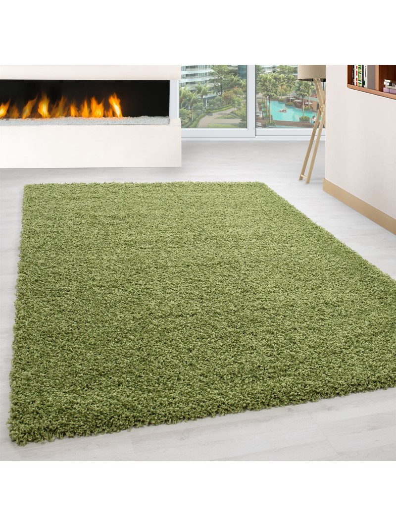 Shaggy long pile living room rug Shaggy pile height 3cm plain green