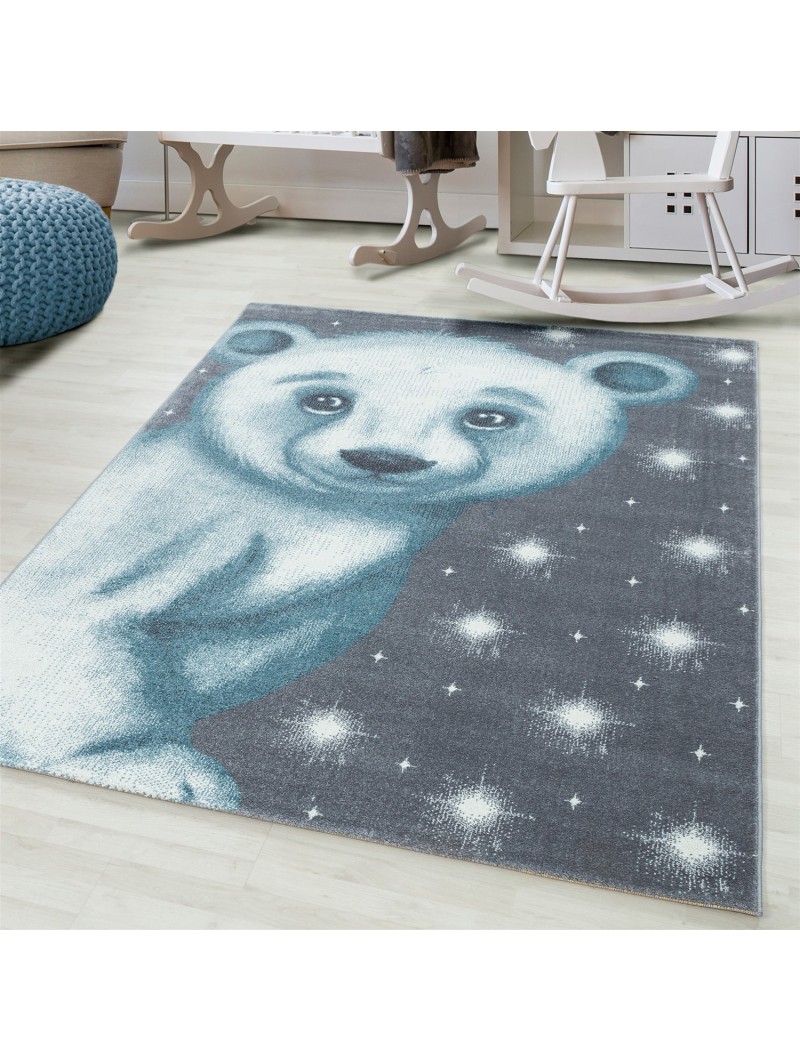 Tappeto per bambini Cameretta per bambini Simpatico orso motivo blu grigio bianco colori