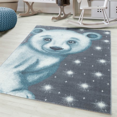 Tappeto per bambini Cameretta per bambini Simpatico orso motivo blu grigio bianco colori