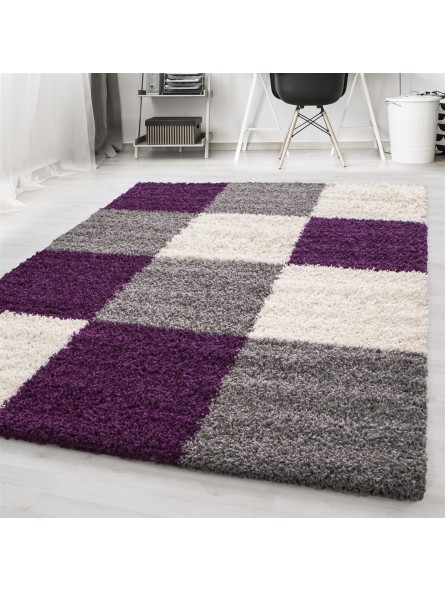 Carpet high pile long pile cheap living room shaggy checked lilac white grey