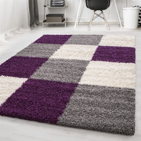Carpet high pile long pile cheap living room shaggy checked lilac white grey