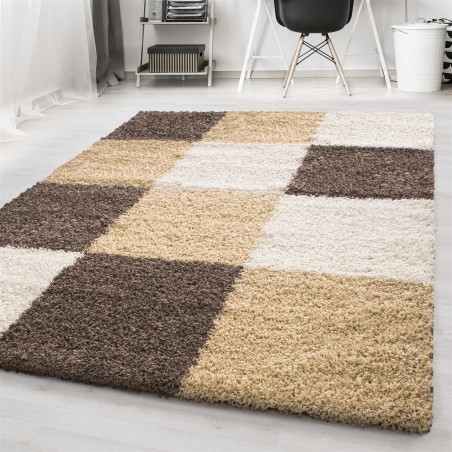 Carpet high pile long pile living room cheap shaggy checked brown white beige