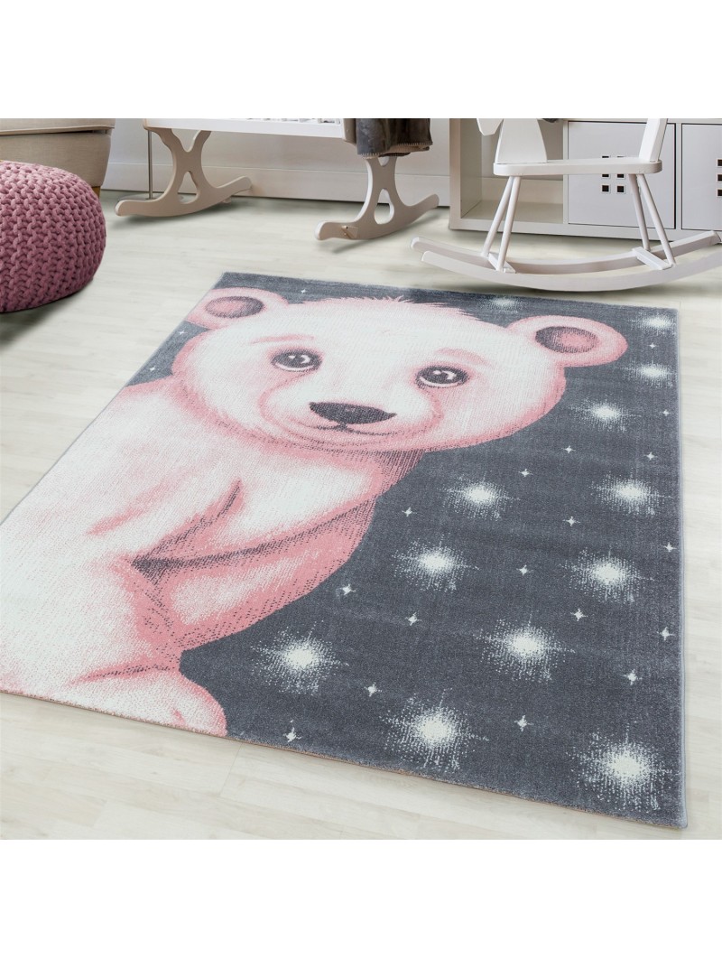 Tapis pour enfants chambre d'enfant motif ours mignon couleurs rose gris blanc