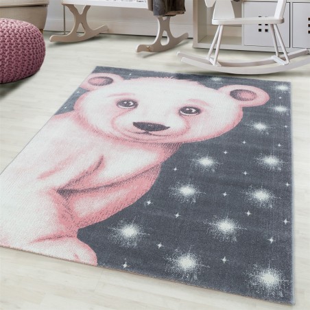 Kindertapijt kinderkamer schattige beer motief roze grijs wit kleuren