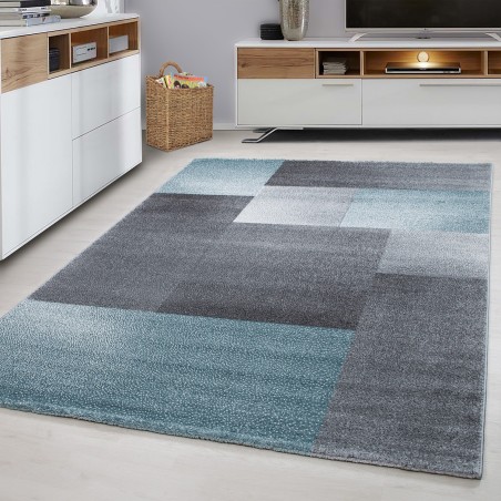 Teppich Modern Designer kurzflor Wohnzimmer Karo Block muster Grau Blau Weiß
