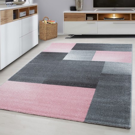 Tapijt modern design laagpolig woonkamer geruit blokpatroon grijs roze wit